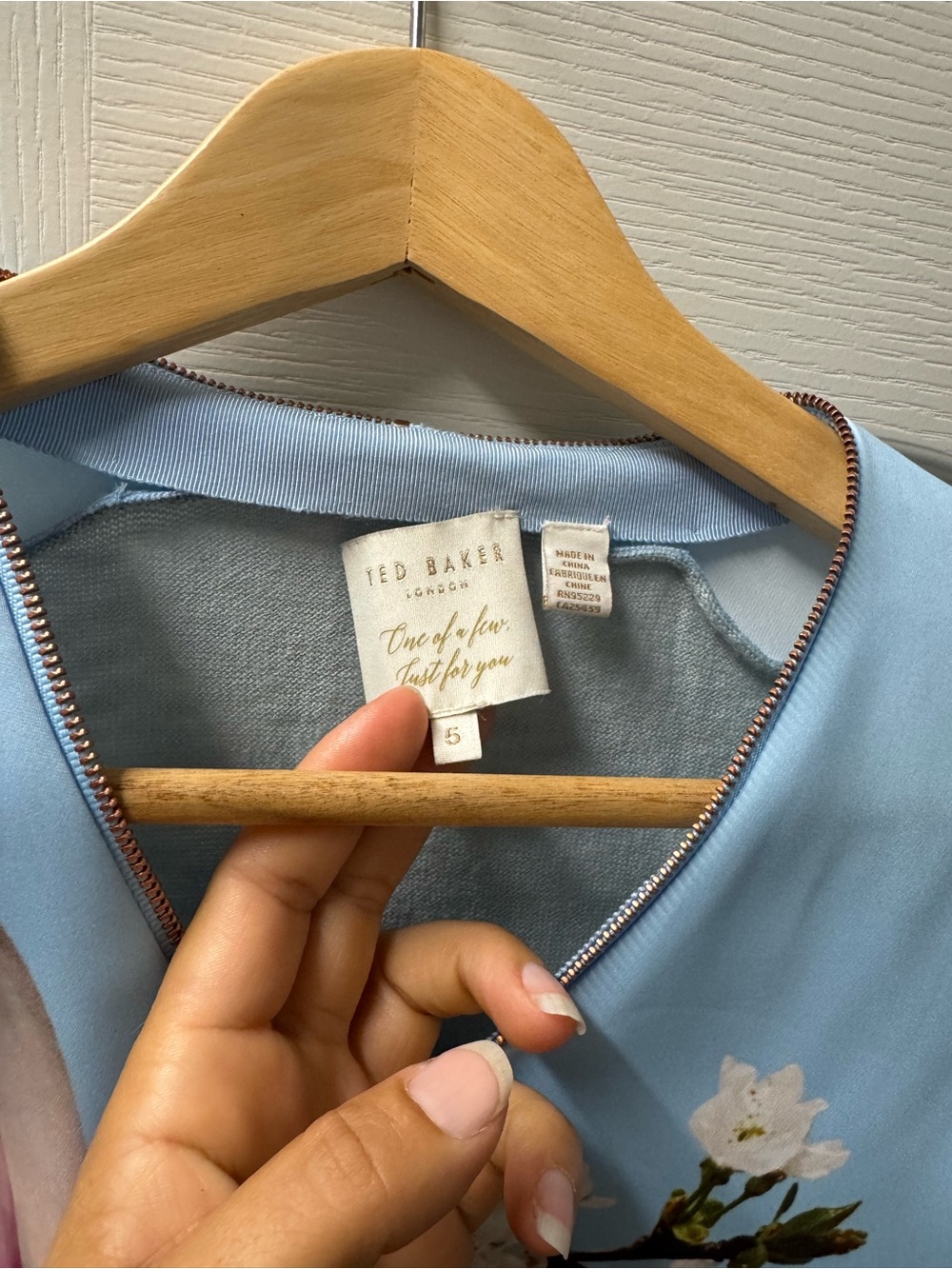 Size 5 Ted Baker Light Blue Floral Zip Bomber Jacket - Picture 4 of 4